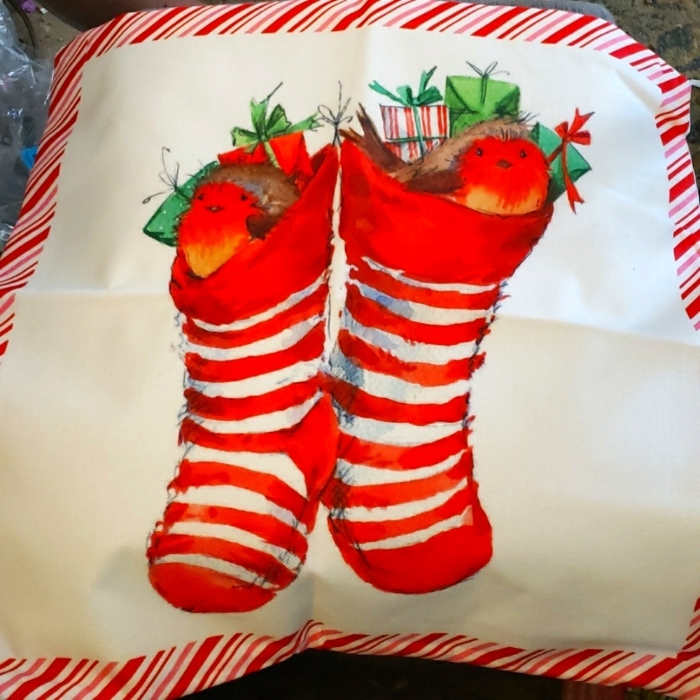 WhoMeaf Set of 4 Christmas Candy Cane Edged Pillowcases with a Robin Theme
